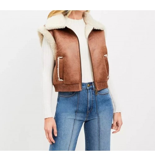 Crackle Faux Leather Shearling Pocket Vest